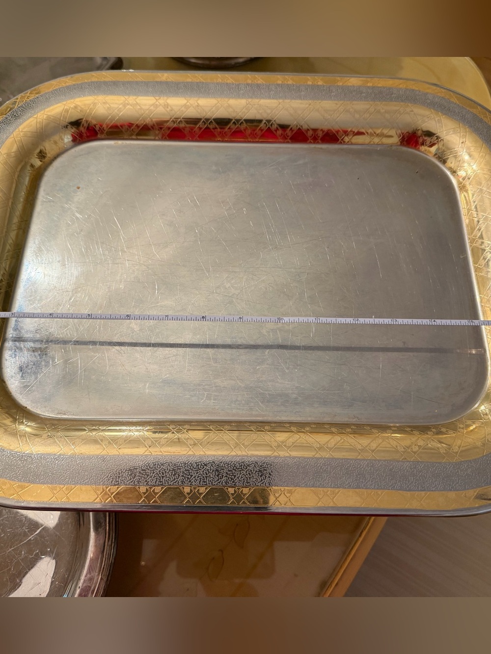 Rectangular Silver Serving Tray with Gold Rim